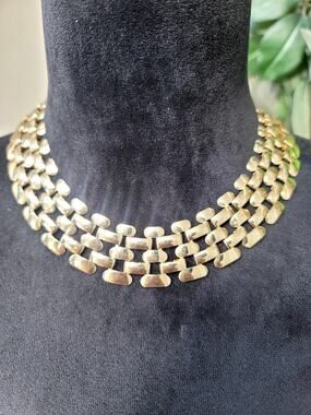 Gold Tone Multi Strand Geometric Link Statement Necklace Chunky Collar Style